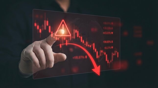 stock market crash, financial crisis, economic recession, bear market, investment loss, stock market down, financial warning with red arrow and candlestick chart on digital screen.