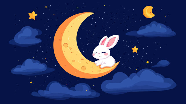 Dreamy bunny rests on a glowing crescent moon beneath a starry night sky, tonight.