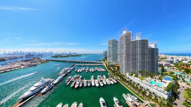 Fast aerial flight over Miami Beach Marina 4k