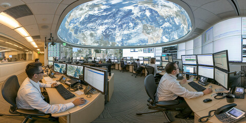 Fototapeta premium High-Tech Office Control Room: Modern Workspace with Global View & Innovation in Surveillance and Data Analysis