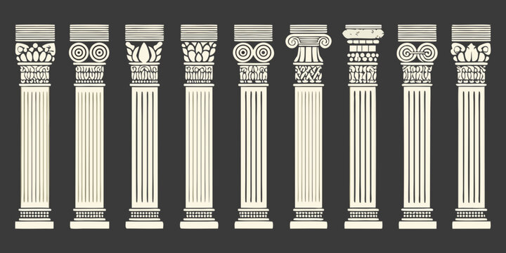 eight classical greco roman column designs on dark background