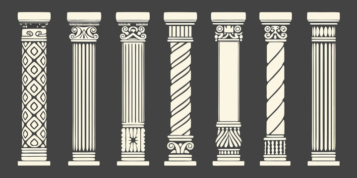 eight greco roman column designs architectural illustration on dark background