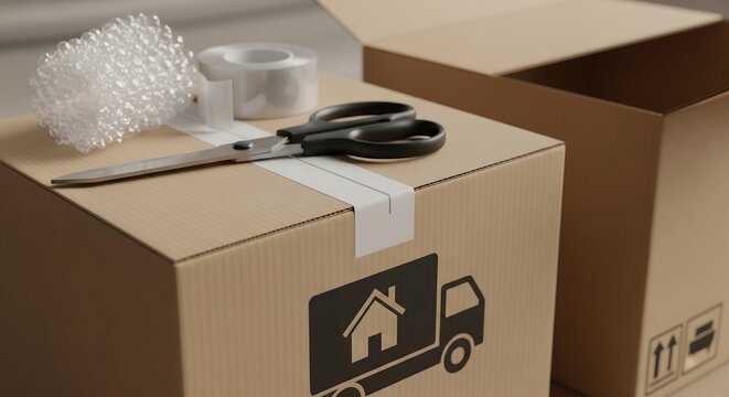 Organized brown corrugated cardboard moving boxes with essential packing supplies including sharp black handled scissors clear adhesive tape and protective bubble wrap neatly arranged on a sturdy