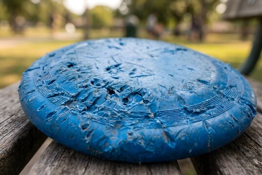 Macro texture of dog frisbee with deep chew marks and bite indentations