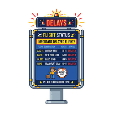 Flight status board showing delayed flights with bell icons and cartoon man