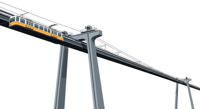Yellow urban transit train crossing tall railway bridge