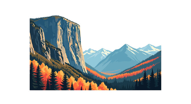 Majestic granite cliff and autumn forest in a mountain valley