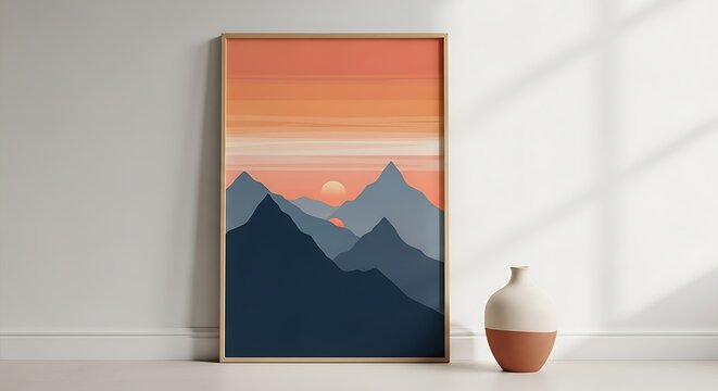 Minimalist framed mountain landscape artwork displays soft sunset colors above dark peaks
