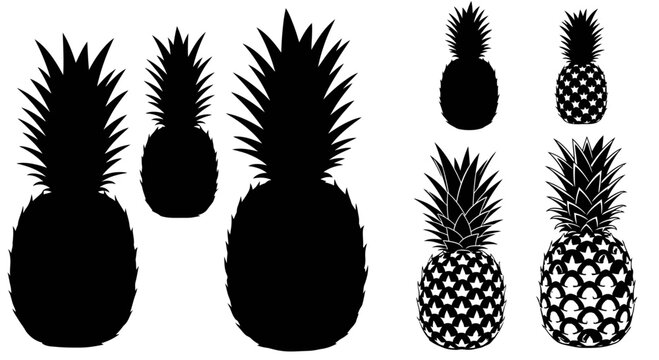 Black pineapple silhouettes and patterned icons collection