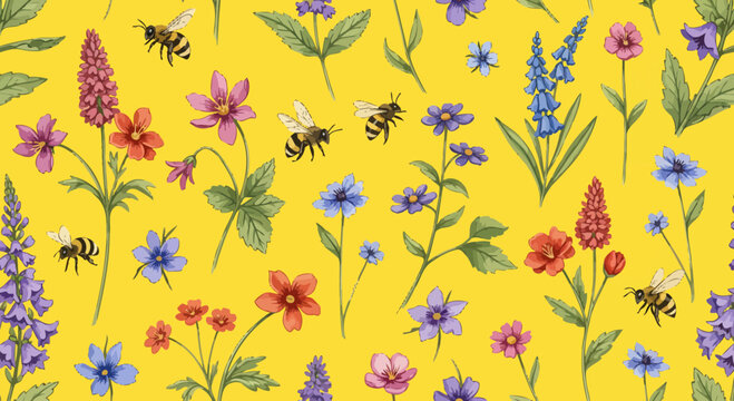 Seamless floral pattern with wildflowers and honey bees on yellow