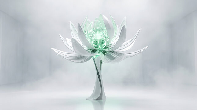 Abstract Conceptual Art of a Mechanical Lotus Flower in White and Green