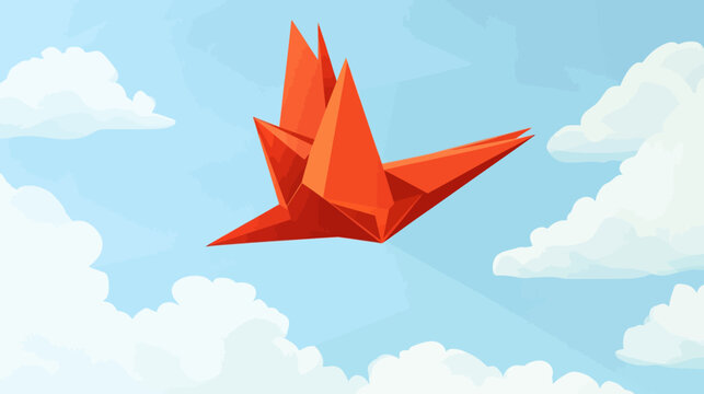 Artistic orange origami structure with sharp angles soars above light blue sky adorned with stylized clouds, featuring translucent wings and symmetrical form