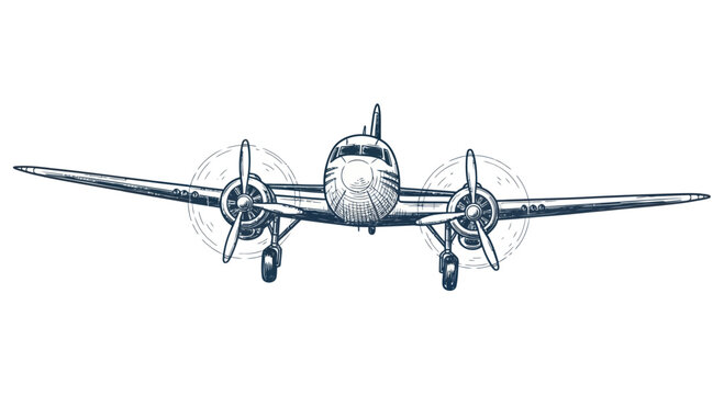 Vintage Twin-Engine Propeller Airplane, Retro Aviation Sketch