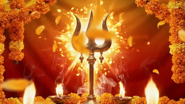Divine Durga Puja Background with Glowing Trishul Silhouette, Fiery Red and Gold Gradient, Sacred Flames, and Marigold Flowers for Hindu Festival