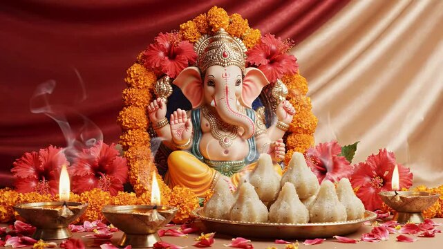 Beautiful Ganesh Chaturthi Background with Crimson to Ivory Gradient, Traditional Modak Offerings, Glowing Diya Lights, and Vibrant Floral Decorations