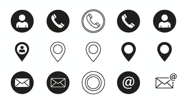 Collection of round black and white contact and location icons for UI design and digital interfaces.