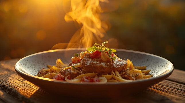 Steaming pasta with tomato sauce and herbs at golden hour