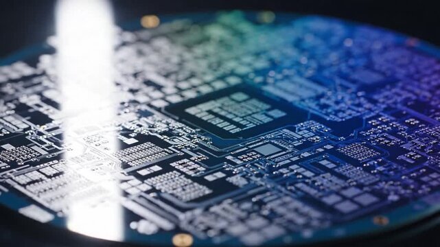 Macro view of high-tech silicon wafer surface featuring intricate microcircuit patterns and semiconductor chip architecture used in advanced computer processor hardware manufacturing.