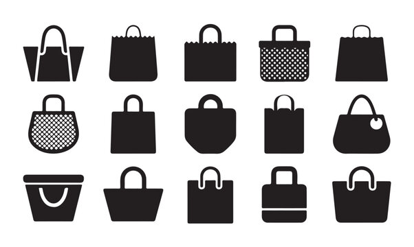 Shopping bag icon set vector flat style black collection grocery carry bag for shop market.