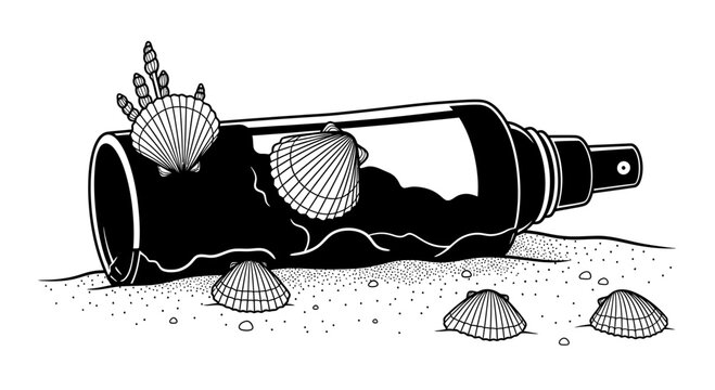 Discarded plastic spray bottle on sand with seashells
