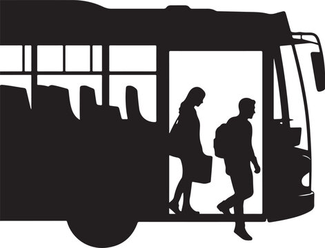 Silhouette of People Getting Off a City Bus Isolated on White