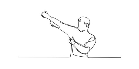 One line drawing of a man performing a karate or martial arts pose, arms raised in defense Vector, illustration © Badhon_Art Gallery