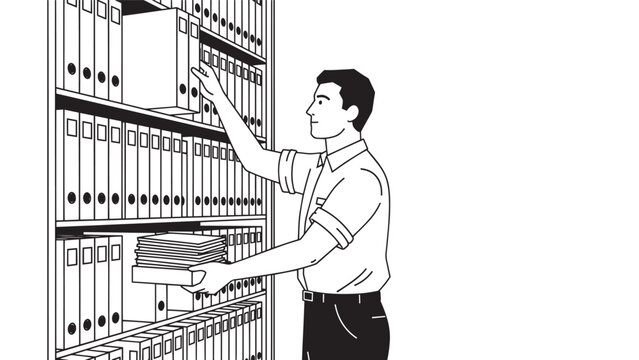 Young man organizing files on shelves in an office archive, placing a folder in a labeled cabinet to maintain orderly records.