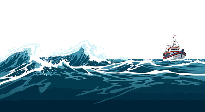 Fishing trawler navigating large ocean waves during a storm