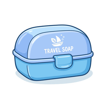 Blue travel soap case with lid and latch, isolated on white background.