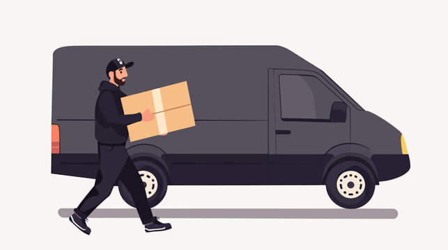 A bearded courier in black runs beside a dark cargo van carrying a cardboard box