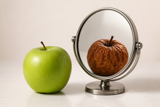 A fresh green apple represents the aging process in a mirror reflection. This concept illustrates self perception and time. A fruit sits by a mirror