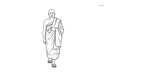 Obraz premium Bald buddhist monk in saffron robes walking, line art drawing Vector, illustration