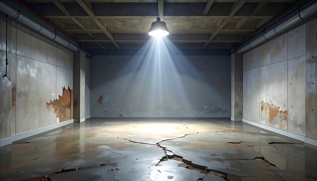A stark basement interior illuminated by a single overhead light, casting dramatic shadows. Walls show signs of decay, floor cracked