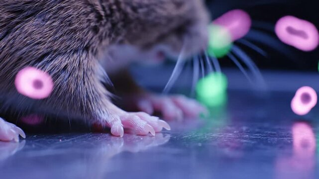 Microscopic visualization of a mouse surrounded by glowing bacteria in a dark lab Hantavirus Pulmonary Syndrome.