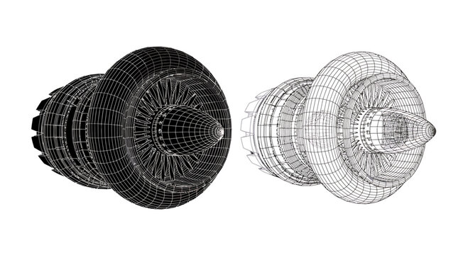 Jet aircraft turbine engine 3D wireframe mesh blueprint