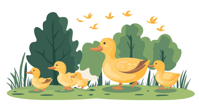 A family of yellow ducks crosses a grassy field with trees in a peaceful scene!!