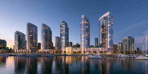 Obraz premium <Beautiful Sunset Cityscape: Skyline Photography of Waterfront Living in a Coastal Urban Landscape>