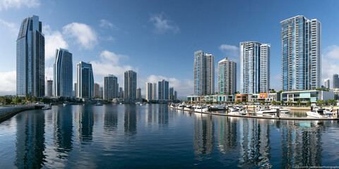 Obraz premium Explore Coastal Cityscape: Modern Architecture & Skyline Views in Waterfront Living Hub