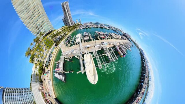 Aerial tiny planet Miami Beach Marina 2026