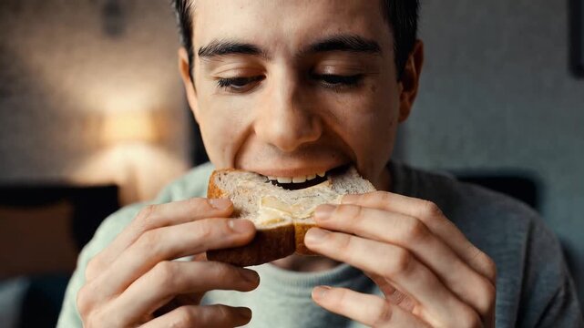 Young Man Enjoying a Delicious Sandwich Eating Lunch Close Up.