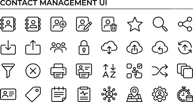 Contact management UI icons set featuring user profiles sharing synchronization search filtering and data organization elements for digital applications