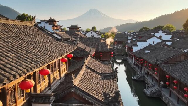 Panoramic aerial view of ancient traditional Chinese clay tile roofs in the historic Old Town of Lijiang Yunnan province China, featuring intricate oriental architecture and cultural heritage.