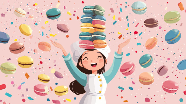 Joyful girl balances a tall stack of macarons on her head amid confetti on pink