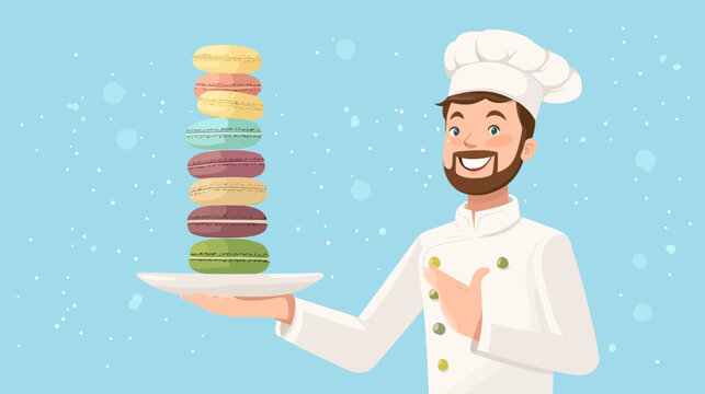 Cheerful chef in a white toque presents a tall stack of colorful macarons today