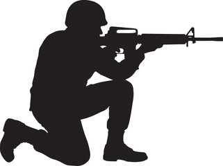 Fototapeta premium Silhouette of a Soldier Kneeling and Aiming Rifle on White Background