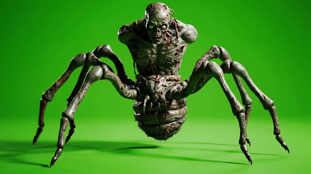 Creepy Spider Monster Creature with Multiple Legs on Green Screen Background.