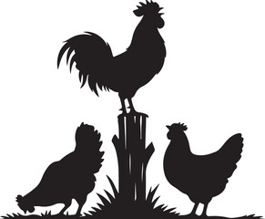 Black Rooster and Hens Silhouettes Crowing on a Post Illustration © Silhouette Studio