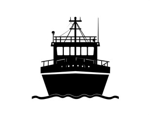 Naklejka premium A stark black silhouette of a ship viewed head-on, with detailed cabin, masts, and railings, sailing on stylized waves