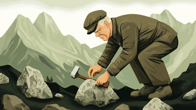 An elderly man with hammer and chisel chisels rock in a rugged mountain setting