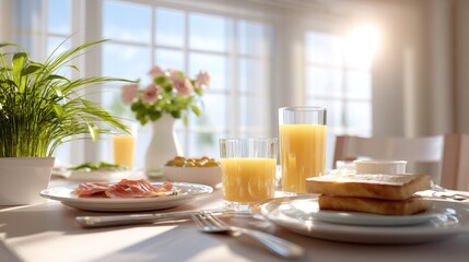 Fototapeta premium Cozy breakfast setting with fresh juice, toast, cold cuts, and vibrant flowers enhancing a bright, sunlit dining experience at home